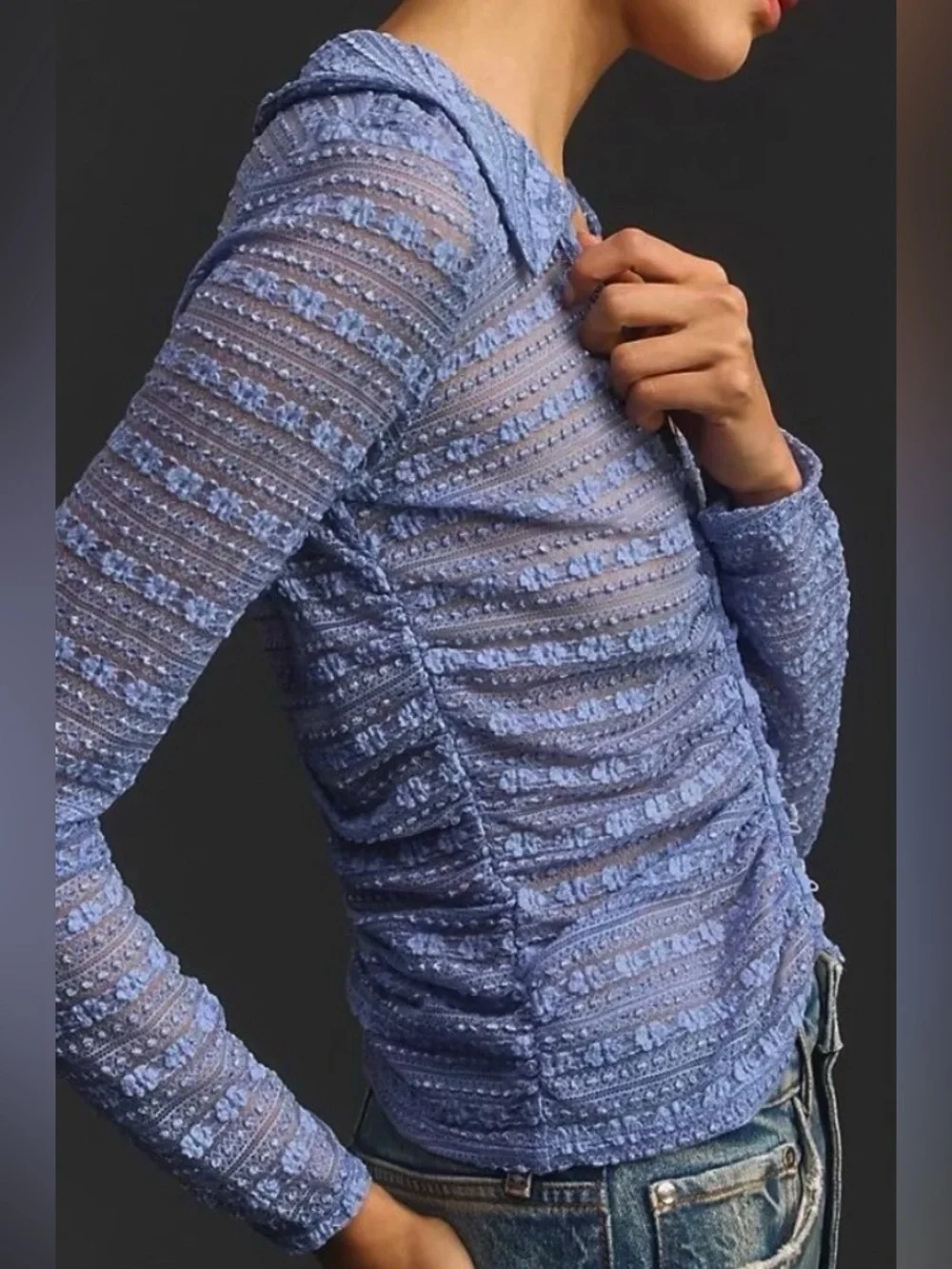 Anthropologie Sheer V-Neck Floral Lace Shirt, Purple/Periwinkle, Women’s XS